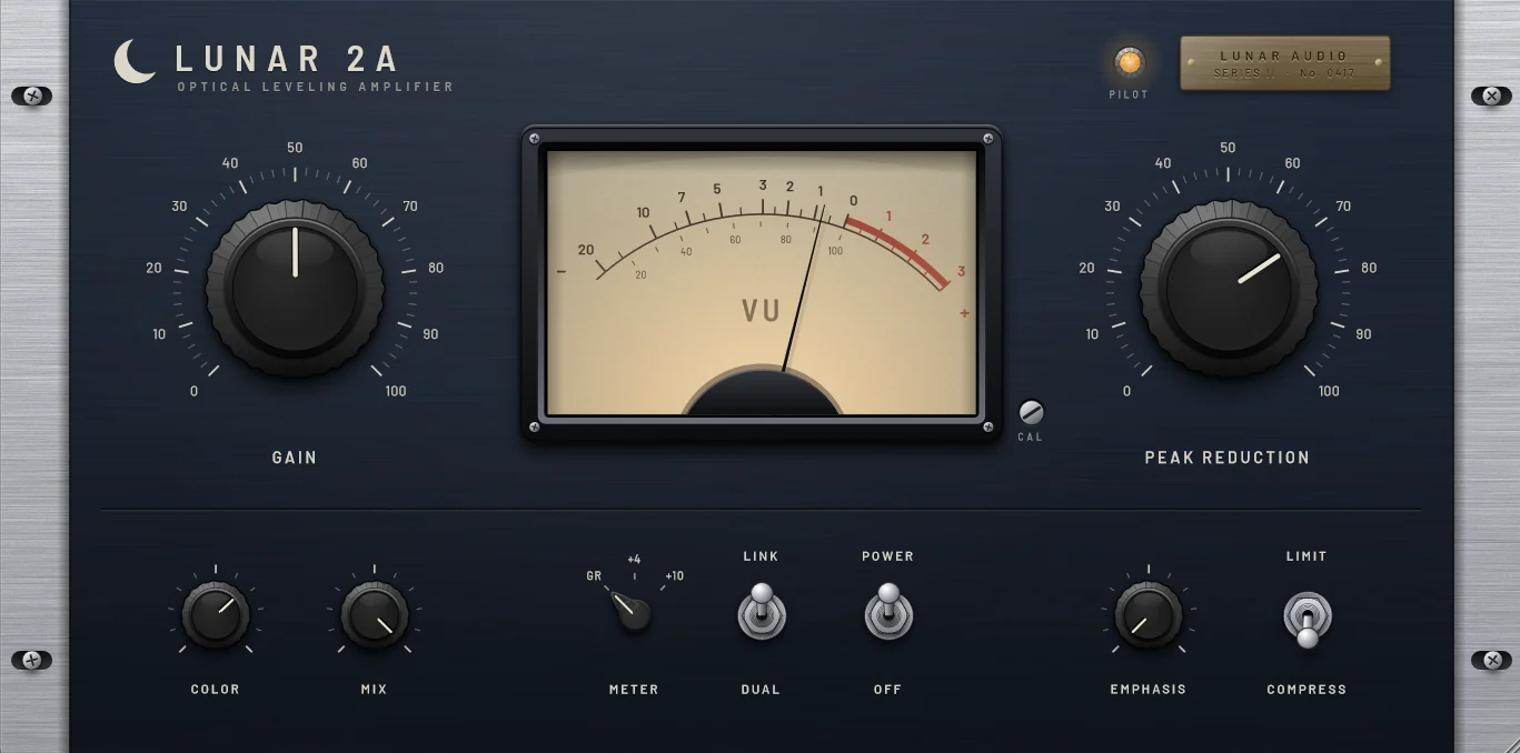Lunar 2A: a cream VU meter between large Gain and Peak Reduction knobs, with Color, Mix, Meter, Link, Power, Emphasis and Limit controls below