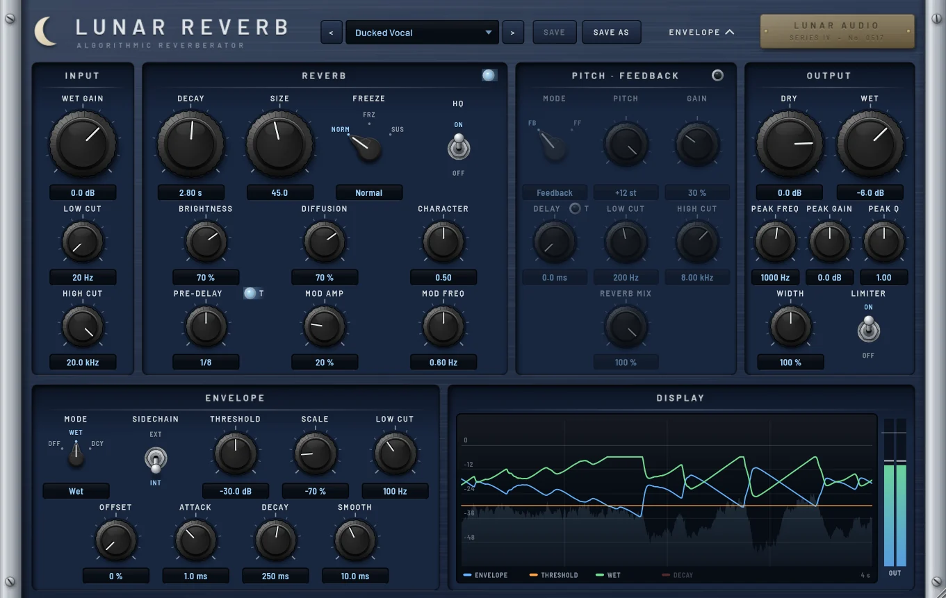 Lunar Reverb: Input, Reverb, Pitch-Feedback and Output sections above an Envelope section and a display plotting envelope, threshold and wet level